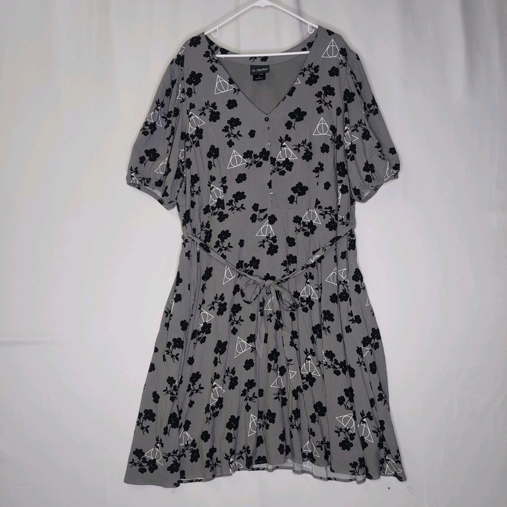 Harry Potter Dress 3X Gray Black Floral Belt Tie Short Puff Sleeve Wizard World